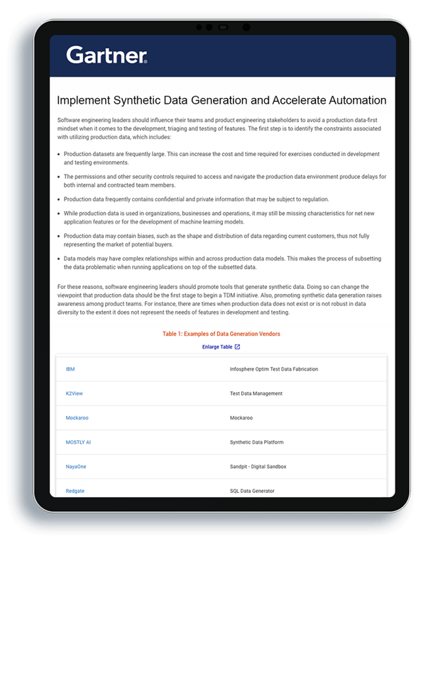 Gartner Report Synthetic Data Generation for Software Application Testing