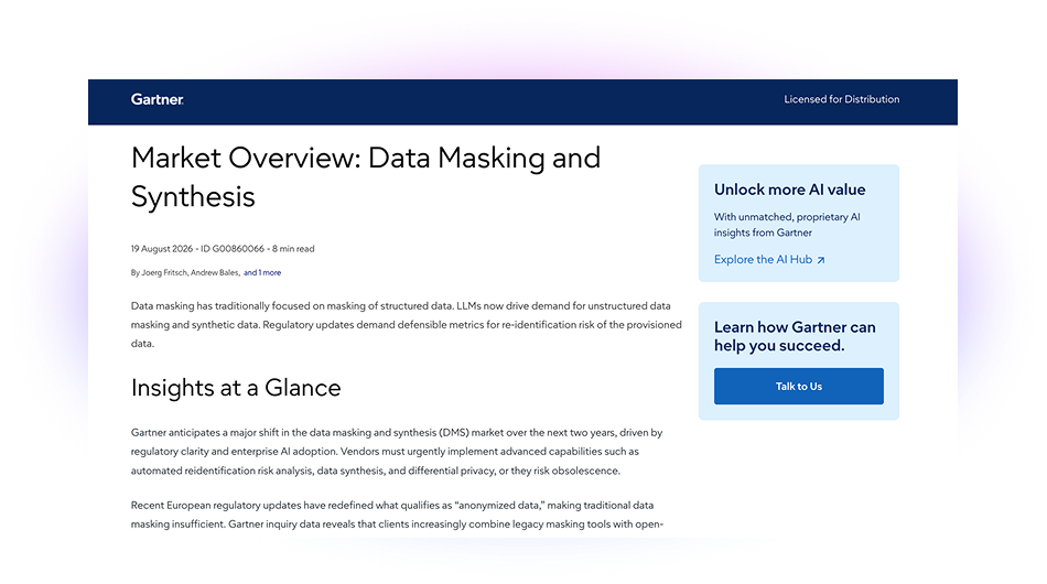 Gartner Market Guide for Data Masking and Synthetic Data